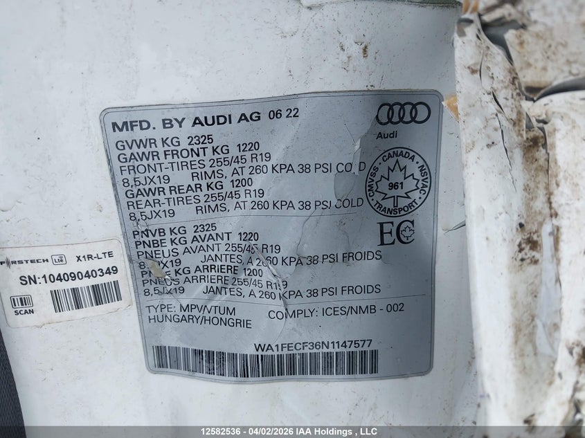 2022 Audi Q3 45 Technik VIN: WA1FECF36N1147577 Lot: 12582536