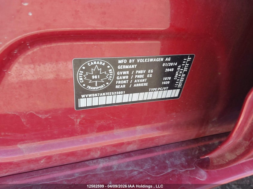 2014 Volkswagen Passat Cc VIN: WVWBN7AN7EE523801 Lot: 12582599