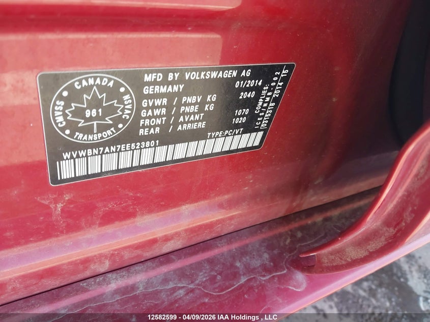 2014 Volkswagen Passat Cc VIN: WVWBN7AN7EE523801 Lot: 12582599