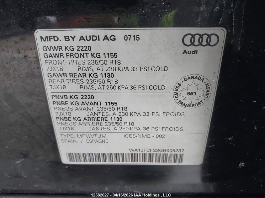 2016 Audi Q3 VIN: WA1JFCFS3GR005237 Lot: 12582627
