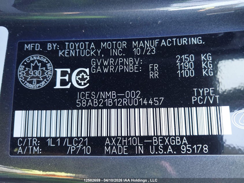 2024 Lexus Es 300H 300H VIN: 58AB21B12RU014457 Lot: 12582659