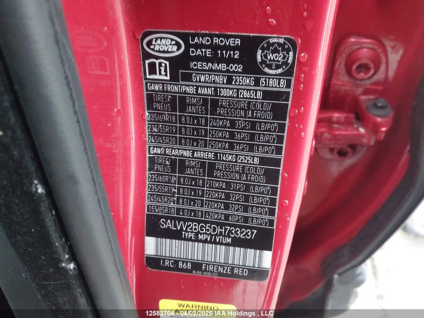 2013 Land Rover Range Rover Evoque Prestige Premium VIN: SALVV2BG5DH733237 Lot: 12582704