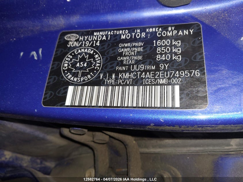 2014 Hyundai Accent VIN: KMHCT4AE2EU749576 Lot: 12582764