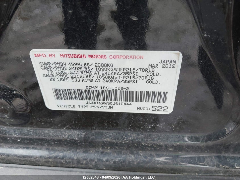 2012 Mitsubishi Outlander VIN: JA4AT2AW3CU610444 Lot: 12582848