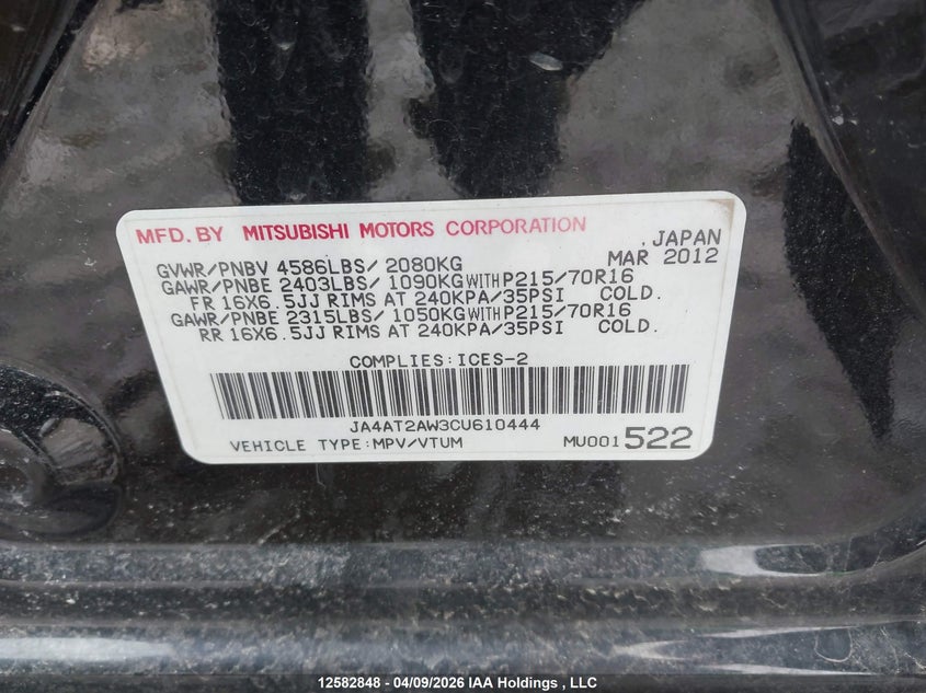 2012 Mitsubishi Outlander VIN: JA4AT2AW3CU610444 Lot: 12582848