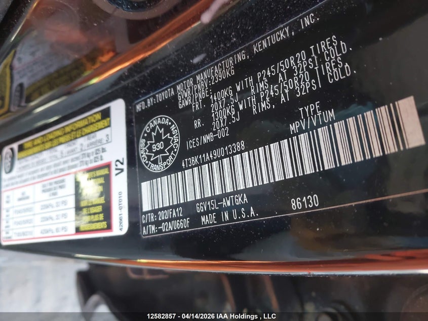 2009 Toyota Venza VIN: 4T3BK11A49U013388 Lot: 12582857