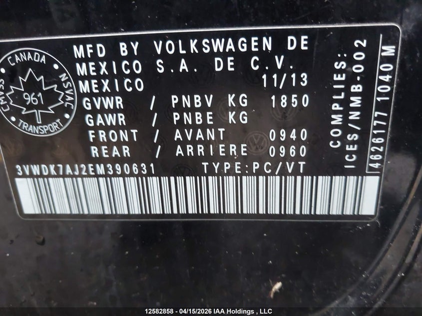 2014 Volkswagen Jetta VIN: 3VWDK7AJ2EM390631 Lot: 12582858