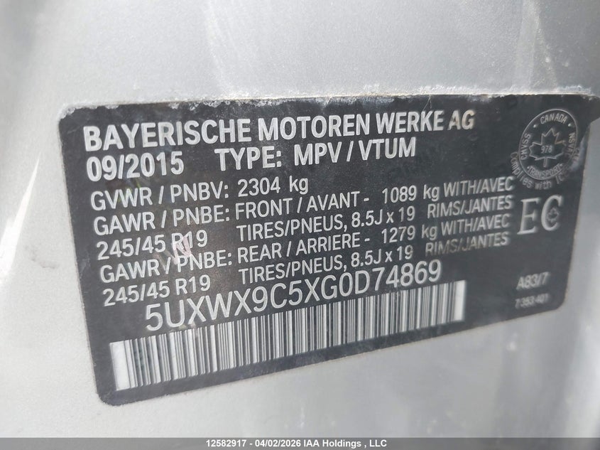 2016 BMW X3 xDrive28I VIN: 5UXWX9C5XG0D74869 Lot: 12582917