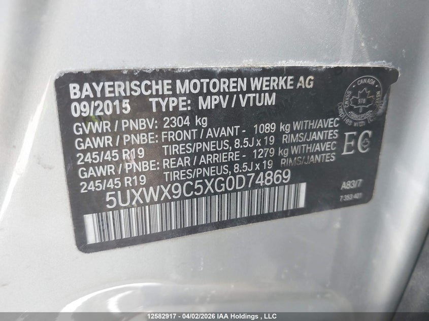 2016 BMW X3 xDrive28I VIN: 5UXWX9C5XG0D74869 Lot: 12582917