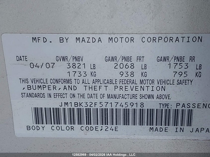 2007 Mazda 3 I VIN: JM1BK32F571745918 Lot: 12582969