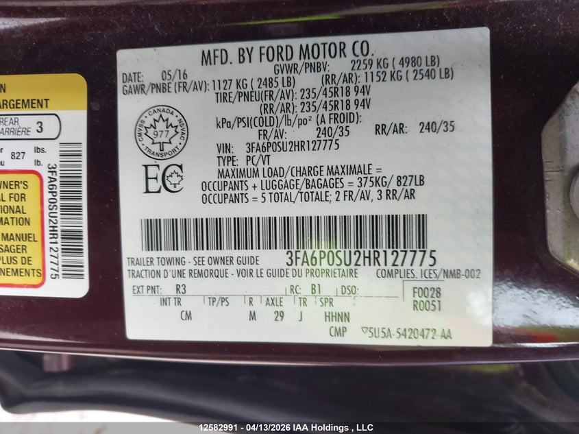 2017 Ford Fusion Titanium Phev VIN: 3FA6P0SU2HR127775 Lot: 12582991