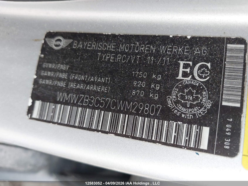 2012 Mini Cooper Countryman VIN: WMWZB3C57CWM29807 Lot: 12583052