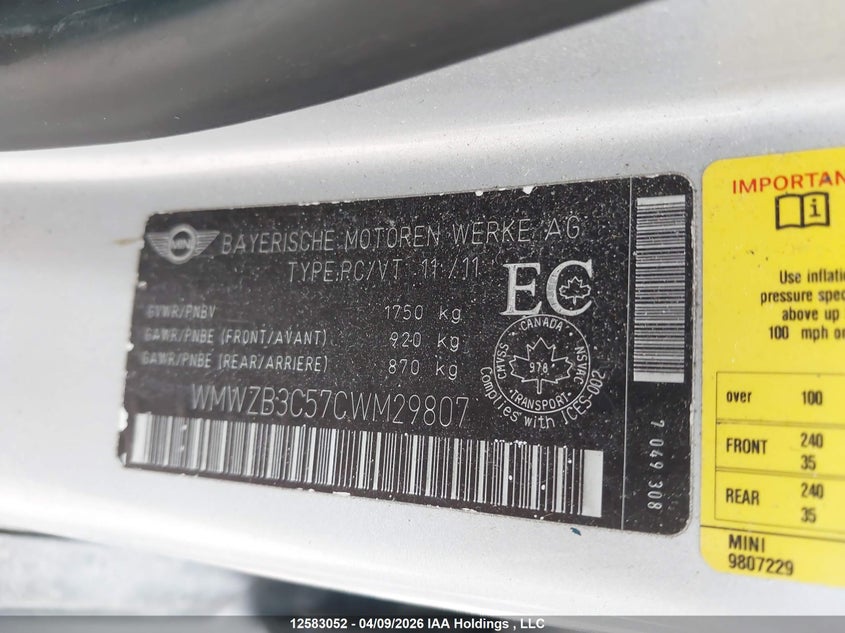 2012 Mini Cooper Countryman VIN: WMWZB3C57CWM29807 Lot: 12583052