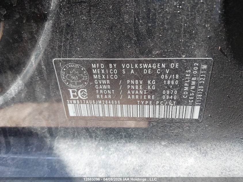 2018 Volkswagen Golf 1.8 Tsi Comfortline/1.8 Tsi Highline/1.8 Tsi Trendline VIN: 3VWB17AU6JM284696 Lot: 12583096
