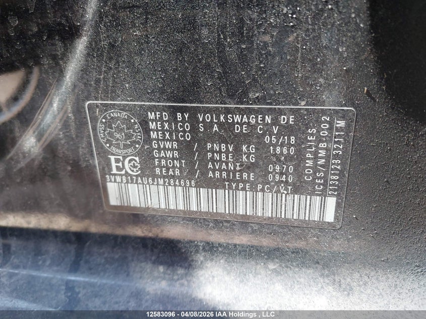 2018 Volkswagen Golf 1.8 Tsi Comfortline/1.8 Tsi Highline/1.8 Tsi Trendline VIN: 3VWB17AU6JM284696 Lot: 12583096