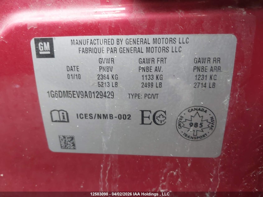 2010 Cadillac Cts 3.6L Base VIN: 1G6DM5EV9A0129429 Lot: 12583098