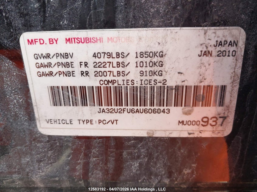 2010 Mitsubishi Lancer Se VIN: JA32U2FU6AU606043 Lot: 12583192