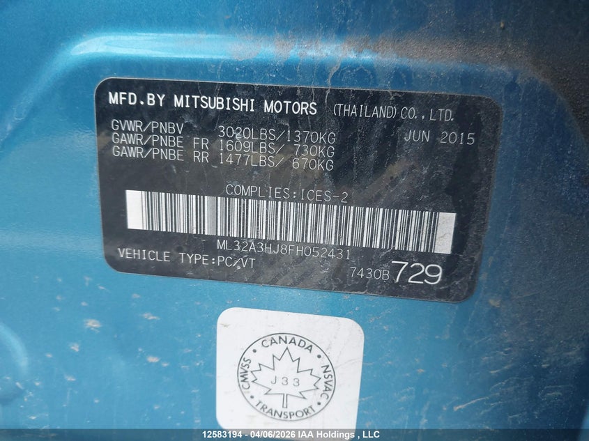 2015 Mitsubishi Mirage VIN: ML32A3HJ8FH052431 Lot: 12583194