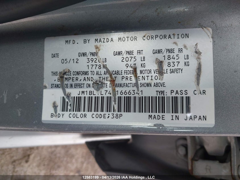 2012 Mazda 3 I VIN: JM1BL1L74C1666341 Lot: 12583199