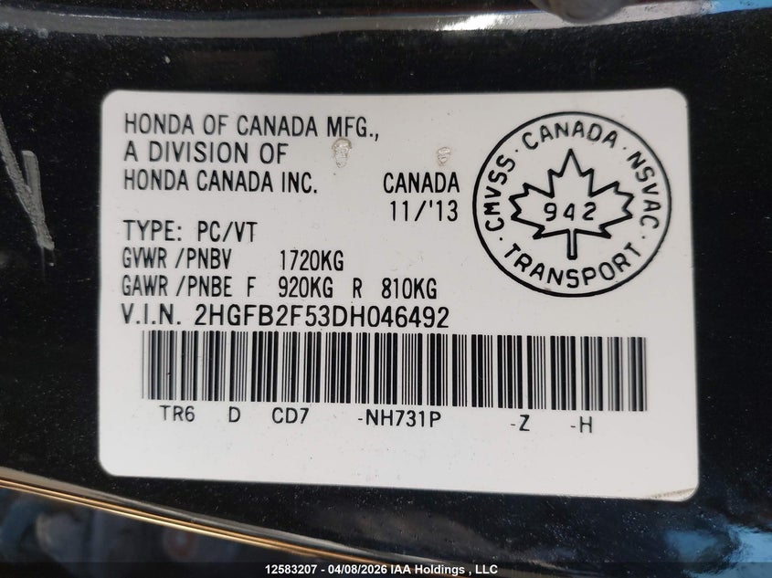 2013 Honda Civic Lx VIN: 2HGFB2F53DH046492 Lot: 12583207