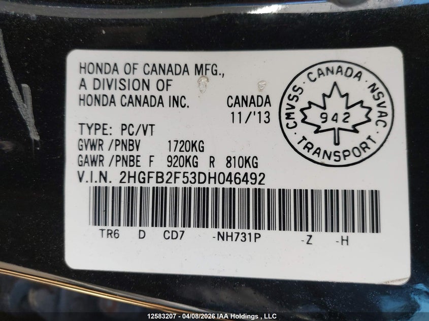 2013 Honda Civic Lx VIN: 2HGFB2F53DH046492 Lot: 12583207