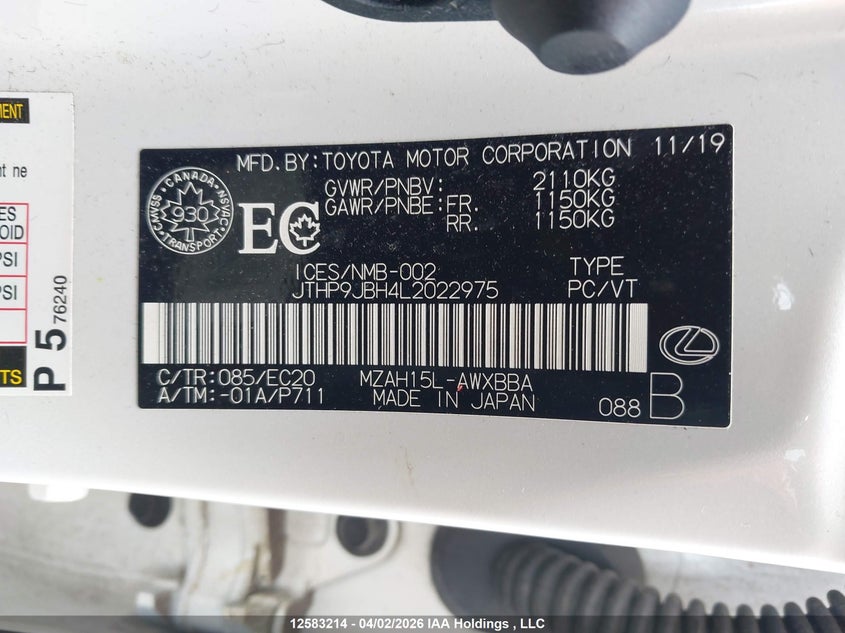 2020 Lexus Ux 250H VIN: JTHP9JBH4L2022975 Lot: 12583214