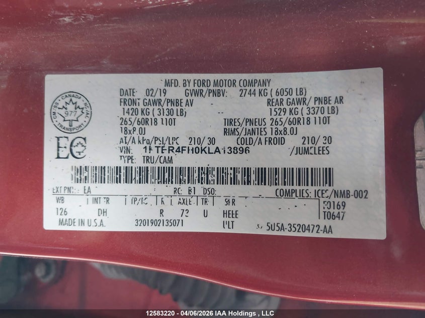 2019 Ford Ranger Lariat VIN: 1FTER4FH0KLA13896 Lot: 12583220