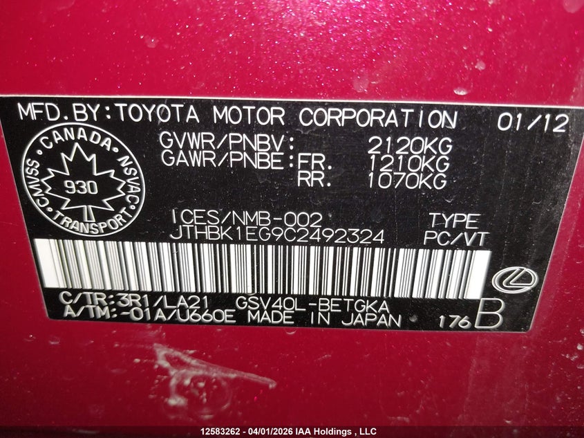 2012 Lexus Es350 VIN: JTHBK1EG9C2492324 Lot: 12583262