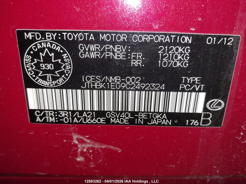 2012 Lexus Es350 VIN: JTHBK1EG9C2492324 Lot: 12583262