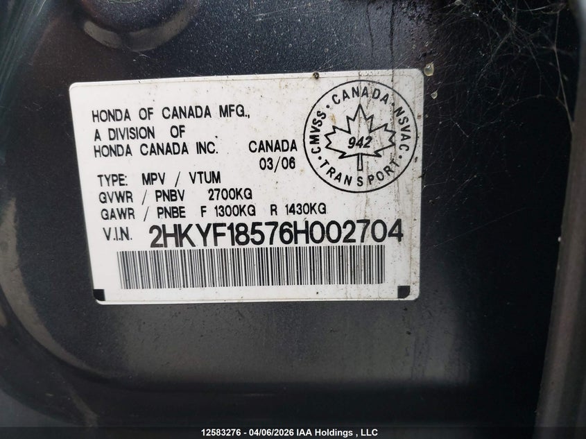 2006 Honda Pilot Ex VIN: 2HKYF18576H002704 Lot: 12583276