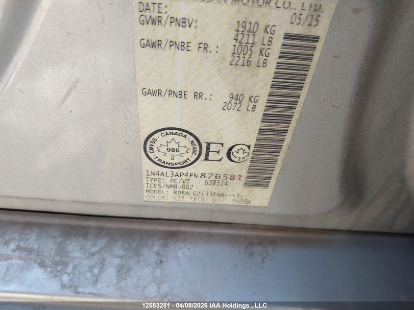 2015 Nissan Altima 2.5/S/Sv/Sl VIN: 1N4AL3AP4FN876581 Lot: 12583281