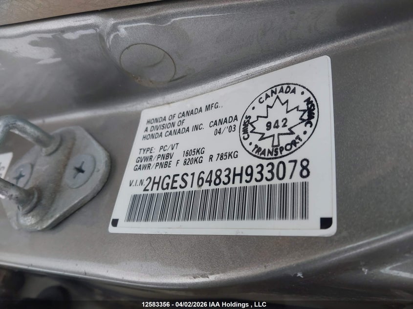 2003 Honda Civic Dx VIN: 2HGES16483H933078 Lot: 12583356