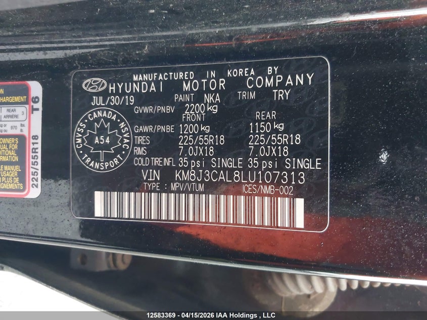 2020 Hyundai Tucson Preferred Awd With Trend Package VIN: KM8J3CAL8LU107313 Lot: 12583369