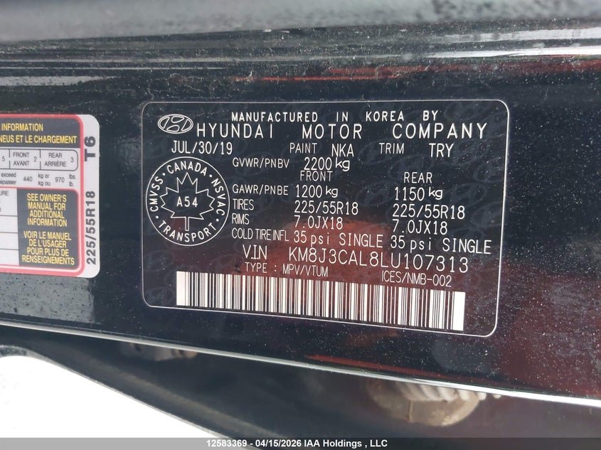 2020 Hyundai Tucson Preferred Awd With Trend Package VIN: KM8J3CAL8LU107313 Lot: 12583369