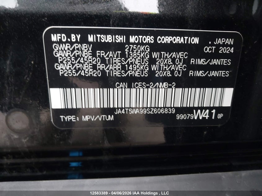 2025 Mitsubishi Outlander Sel VIN: JA4T5WA99SZ606839 Lot: 12583389