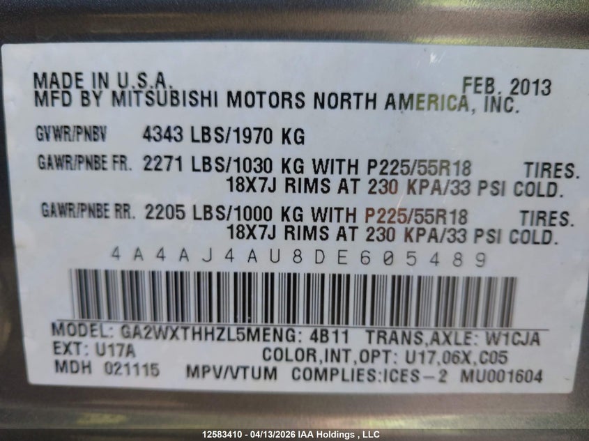 2013 Mitsubishi Rvr Gt VIN: 4A4AJ4AU8DE605489 Lot: 12583410