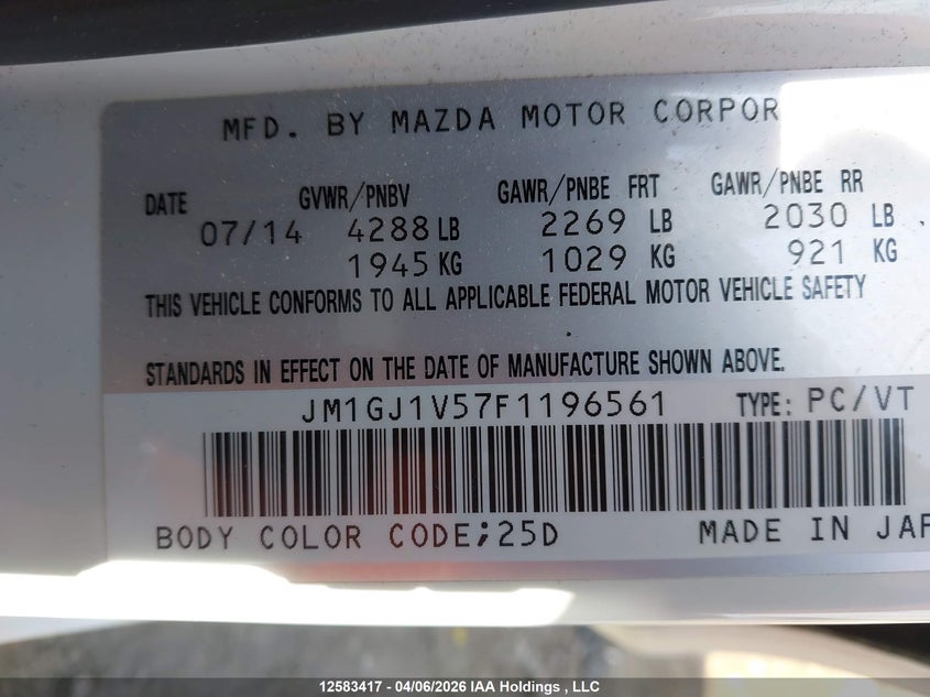 2015 Mazda 6 Touring VIN: JM1GJ1V57F1196561 Lot: 12583417