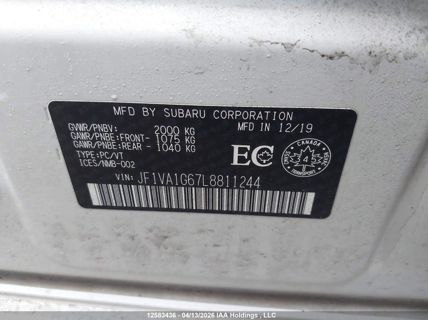 2020 Subaru Wrx Sport VIN: JF1VA1G67L8811244 Lot: 12583436