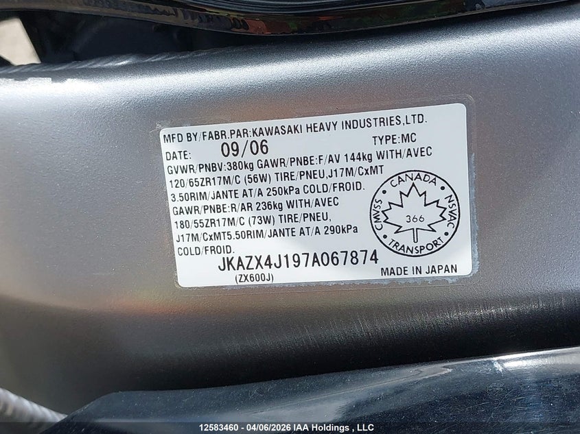 2007 Kawasaki Zx600 J1 VIN: JKAZX4J197A067874 Lot: 12583460