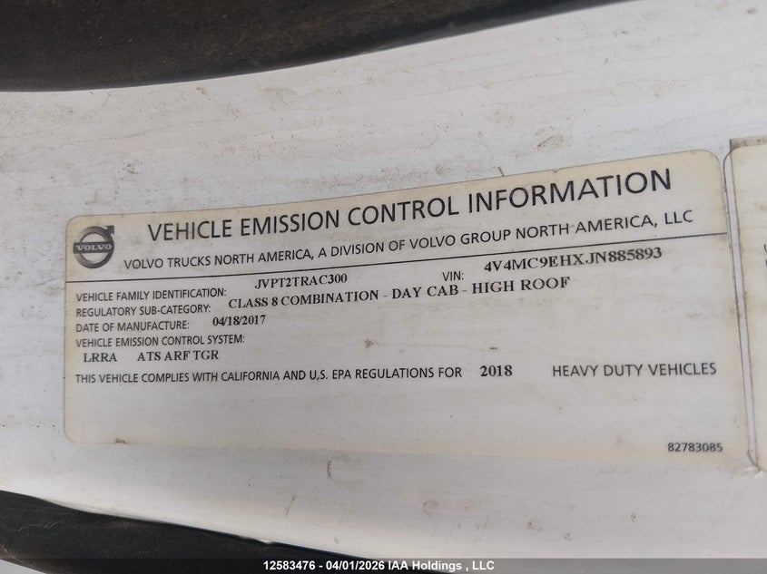 2018 Volvo Vnm VIN: 4V4MC9EHXJN885893 Lot: 12583476