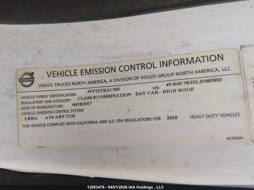 2018 Volvo Vnm VIN: 4V4MC9EHXJN885893 Lot: 12583476