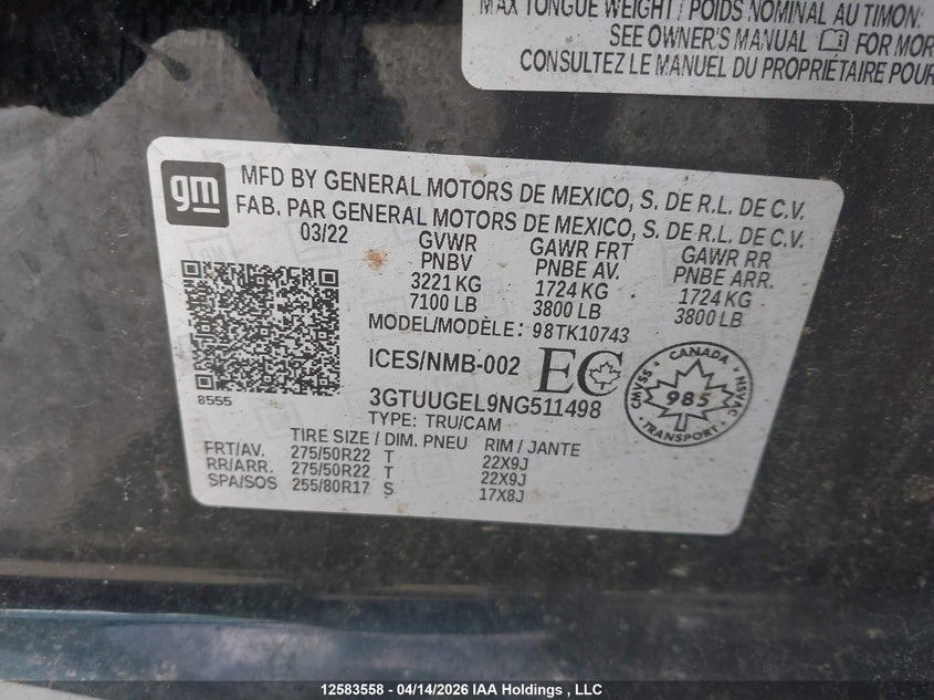 2022 GMC Sierra K1500 Denali VIN: 3GTUUGEL9NG511498 Lot: 12583558
