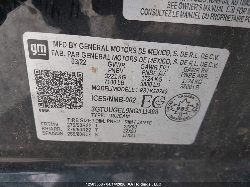 2022 GMC Sierra K1500 Denali VIN: 3GTUUGEL9NG511498 Lot: 12583558