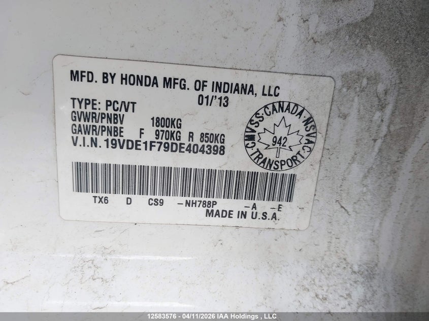 2013 Acura Ilx VIN: 19VDE1F79DE404398 Lot: 12583576