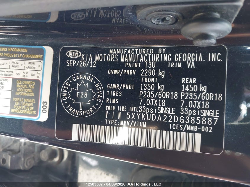 2013 Kia Sorento Ex VIN: 5XYKUDA22DG385887 Lot: 12583587
