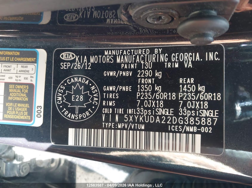 2013 Kia Sorento Ex VIN: 5XYKUDA22DG385887 Lot: 12583587