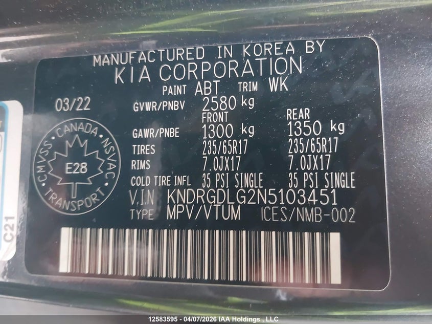 2022 Kia Sorento Hybrid Lx VIN: KNDRGDLG2N5103451 Lot: 12583595