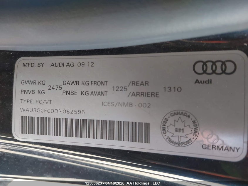 2013 Audi A7 Premium Plus VIN: WAU3GCFC0DN062595 Lot: 12583623