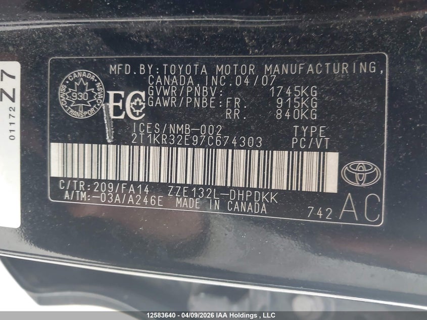 2007 Toyota Matrix Xr VIN: 2T1KR32E97C674303 Lot: 12583640