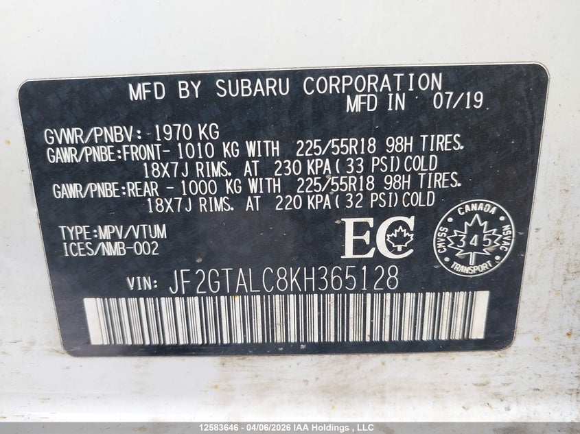 2019 Subaru Crosstrek Limited VIN: JF2GTALC8KH365128 Lot: 12583646